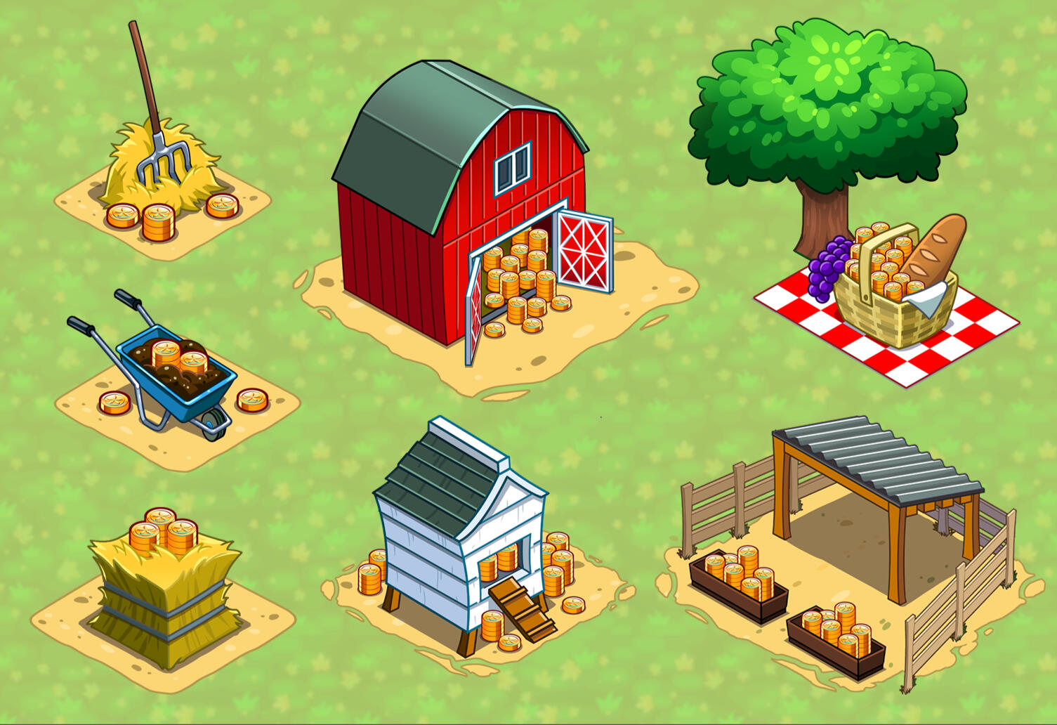Environmental assets designed for the Rich Little Friends and Rich Little Potluck events for Gold Fish Casino Slots.